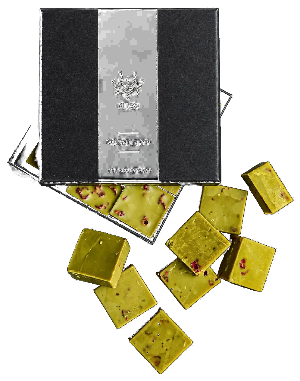 A black Midas box with green pistachio raspberry pralines